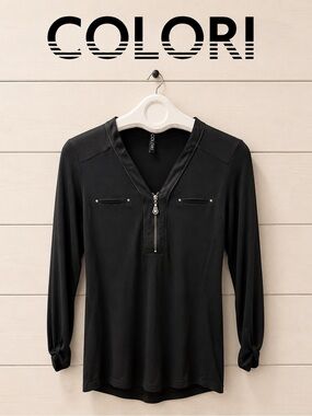 COLORI Black Long Sleeve Zip Detail Top Size S